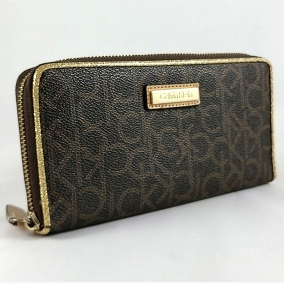 Calvin Klein Monogram Logo Continental Brown Gold Zip Around Wallet - Picture 1 of 16
